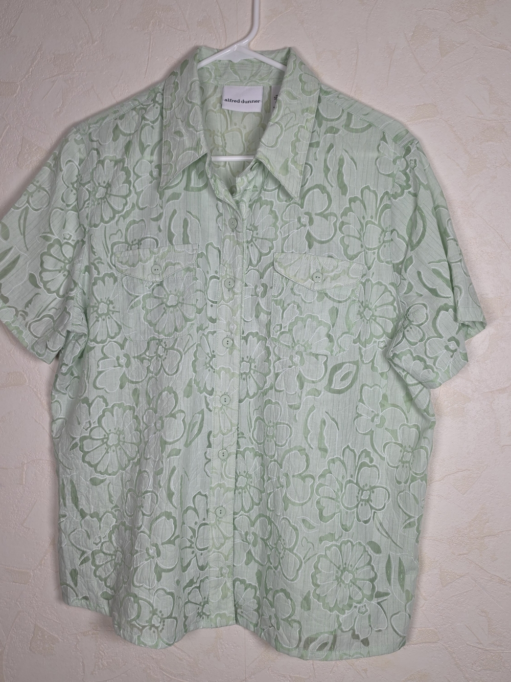Alfred Dunner Light Mint Floral Short Sleeve Button-Down Shirt Womens Size XL